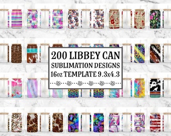 May include: 200 sublimation designs for 16 oz Libbey cans. The designs feature a variety of patterns, including floral, animal print, geometric, and abstract. The designs are perfect for creating custom tumblers for any occasion.