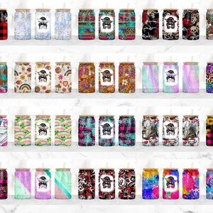 May include: Twenty-four different designs of sublimation tumblers with a variety of colorful patterns and designs. Each tumbler features a cartoon image of a woman with a bun hairstyle and sunglasses.