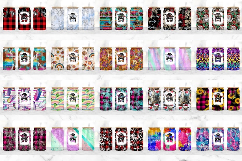 May include: Twenty-four different designs of sublimation tumblers with a variety of colorful patterns and designs. Each tumbler features a cartoon image of a woman with a bun hairstyle and sunglasses.