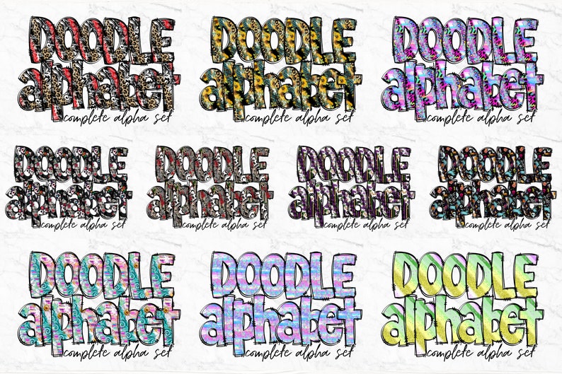 Pu&ograve; includere: Un set di 9 immagini clipart digitali che presentano le parole "Doodle Alphabet" in vari motivi colorati. Ogni immagine include un set completo di alfabeto.