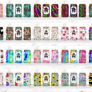 May include: A set of 24 sublimation designs featuring a variety of patterns and colors. The designs include cow print, tie dye, sunflowers, and more. Each design features a cartoon image of a woman with a bun and sunglasses.