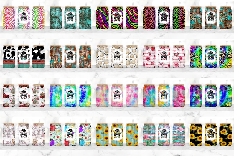 May include: A set of 24 sublimation designs featuring a variety of patterns and colors. The designs include cow print, tie dye, sunflowers, and more. Each design features a cartoon image of a woman with a bun and sunglasses.