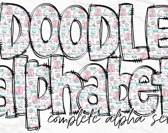 Nurse Doodle Alphabet PNG, Alphabet Letters PNG Bundle, Hand Drawn Doodles, Sublimation Alpha Set Designs PNG , Sublimation Alphabet