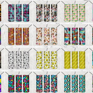 May include: Twenty different designs for 20 oz stainless steel tumblers. The designs include a variety of patterns, including floral, geometric, and abstract. The tumblers are all in a vertical format and are shown against a white background.