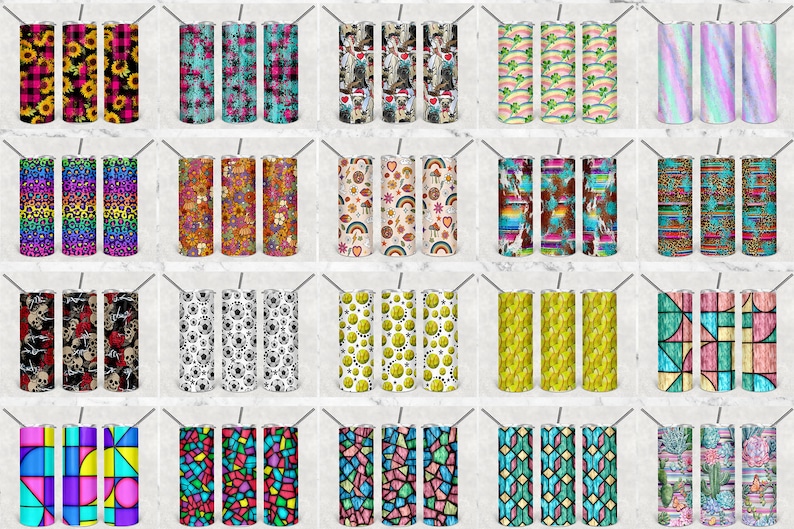 May include: Twenty different designs for 20 oz stainless steel tumblers. The designs include a variety of patterns, including floral, geometric, and abstract. The tumblers are all in a vertical format and are shown against a white background.