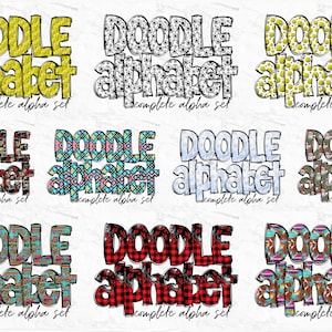 Pu&ograve; includere: Un set di nove immagini clipart digitali che presentano la parola "DOODLE alphabet" in vari design di motivi colorati. Ogni immagine include il testo "complete alpha set".