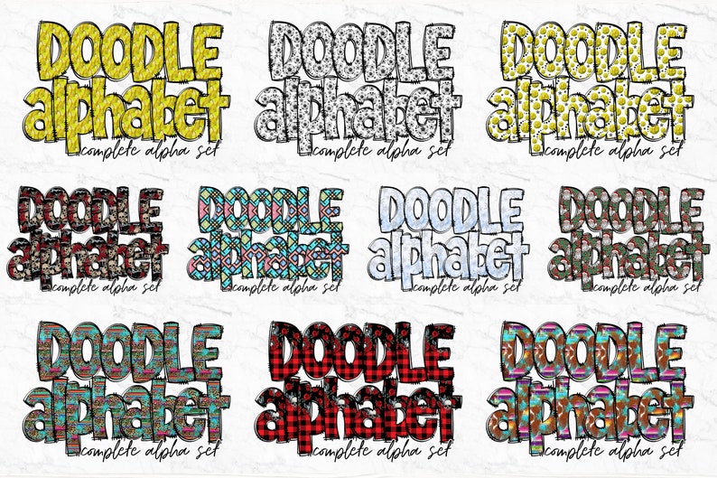Pu&ograve; includere: Un set di nove immagini clipart digitali che presentano la parola "DOODLE alphabet" in vari design di motivi colorati. Ogni immagine include il testo "complete alpha set".