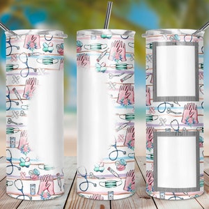 Seamless Nurse Photo Tumbler Sublimation Design, Nurse life 20oz Skinny Tumbler Wraps Template PNG, 20oz Straight Tumbler