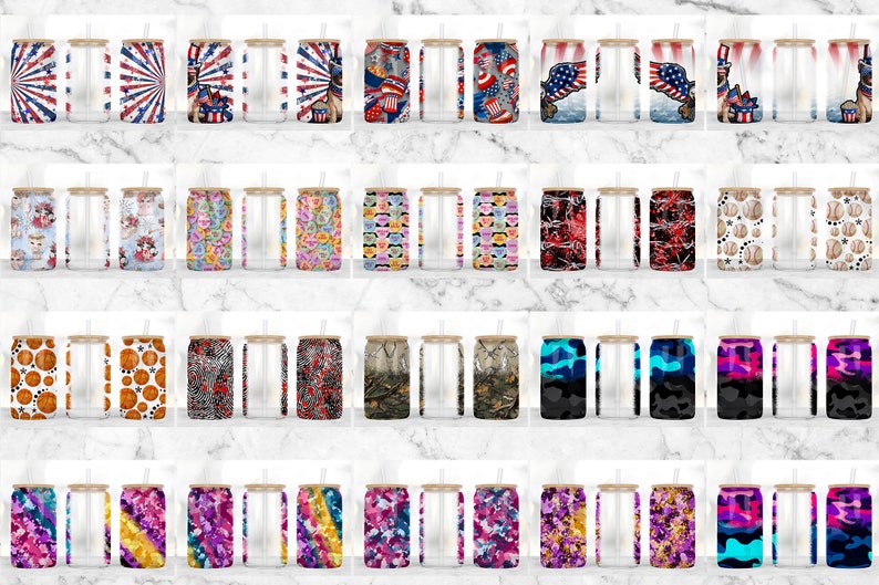 Puede incluir: Una colecci&oacute;n de 40 dise&ntilde;os de sublimaci&oacute;n para vasos delgados de 20 oz. Los dise&ntilde;os incluyen varios temas como patri&oacute;tico, floral, camuflaje y patrones abstractos.