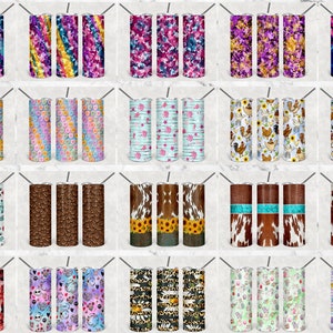 May include: A collection of 20 different sublimation designs for 20oz tumblers. The designs include various patterns and themes, such as floral, animal print, and geometric.