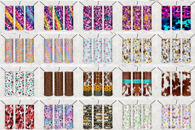 May include: A collection of 20 different sublimation designs for 20oz tumblers. The designs include various patterns and themes, such as floral, animal print, and geometric.