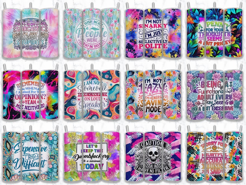 May include: Set of 12 colorful stainless steel tumblers with various humorous and motivational quotes. The tumblers feature a variety of abstract and floral patterns.