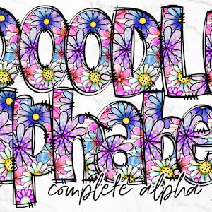 Alfabeto PNG de Doodle Floral, Pacote de Letras PNG do Alfabeto, Doodles Desenhados à Mão, Conjuntos Alfa de Sublimação PNG, Alfabeto de Sublimação
