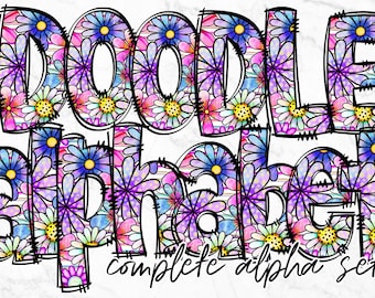 Scarabocchi floreali con alfabeto PNG, pacchetto di lettere dell'alfabeto PNG, scarabocchi disegnati a mano, set di disegni alfabetici per sublimazione PNG, alfabeto per sublimazione