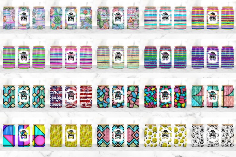 May include: A set of 30 colorful, patterned, stainless steel tumblers with a straw. The tumblers feature various designs, including geometric patterns, floral prints, and abstract art.