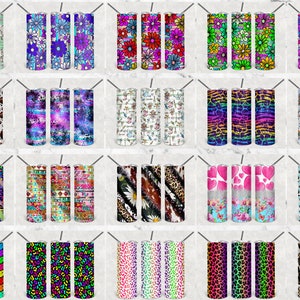 May include: Twenty different designs of stainless steel tumblers with various patterns and colors. The tumblers are all the same size and shape, and they are arranged in a grid.