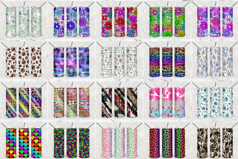May include: Twenty different designs of stainless steel tumblers with various patterns and colors. The tumblers are all the same size and shape, and they are arranged in a grid.