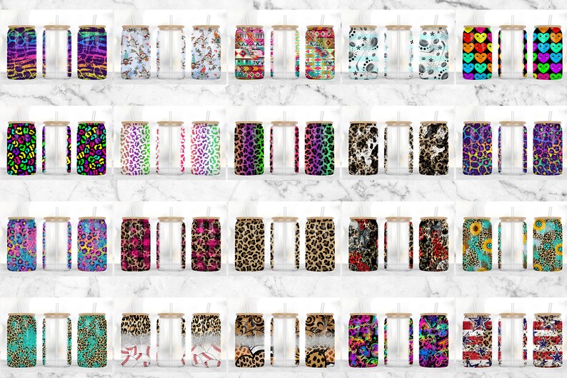Puede incluir: Una colecci&oacute;n de 30 dise&ntilde;os diferentes para vasos de 591 ml. Los dise&ntilde;os presentan varios patrones, incluyendo estampados de animales, dise&ntilde;os abstractos y gr&aacute;ficos coloridos. Los vasos son de vidrio transparente con tapa y pajita de bamb&uacute;.