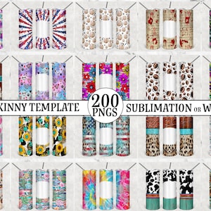 May include: 200 sublimation or waterslide designs for 20 oz skinny tumblers. The designs feature a variety of patterns and colors, including floral, geometric, animal print, and tie-dye.