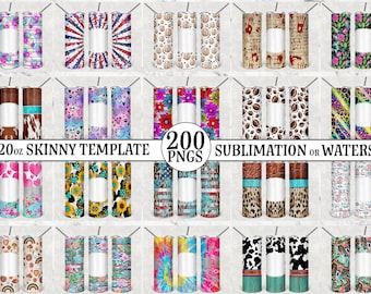 May include: 200 sublimation or waterslide designs for 20 oz skinny tumblers. The designs feature a variety of patterns and colors, including floral, geometric, animal print, and tie-dye.