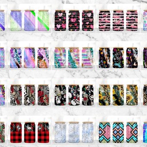 May include: A collection of 40 different designs for 20 ounce skinny tumblers. The designs include various patterns, colors, and themes, such as glitter, hearts, stripes, skulls, and animals.