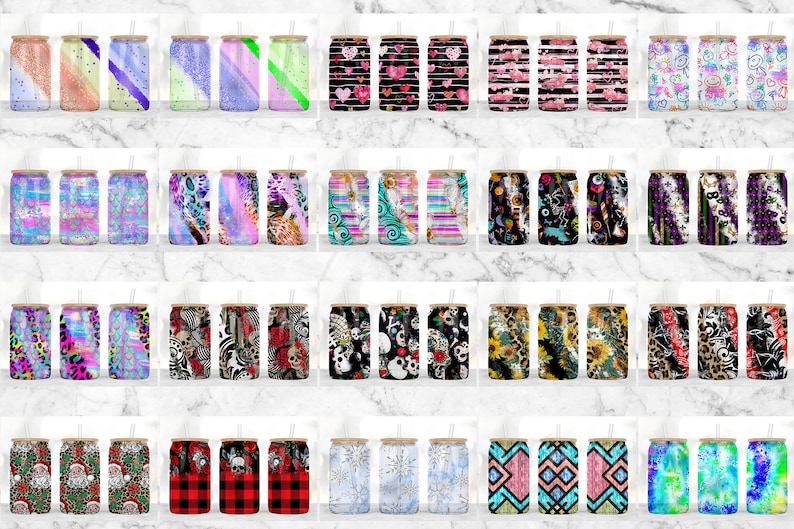 May include: A collection of 40 different designs for 20 ounce skinny tumblers. The designs include various patterns, colors, and themes, such as glitter, hearts, stripes, skulls, and animals.