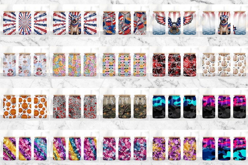 May include: A collection of 20 different designs for 12 oz. can coolers. The designs include patriotic themes, animals, sports, and abstract patterns. The can coolers are made of neoprene and have a zipper closure.