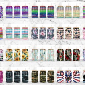 May include: Set of 30 colorful and patterned skinny tumblers with lids and straws. The tumblers feature a variety of designs, including floral, stripes, and camouflage.