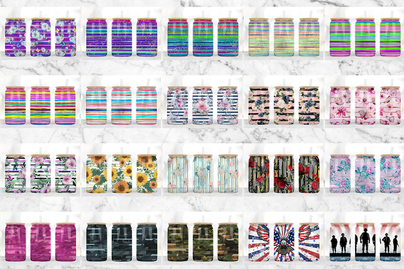 May include: Set of 30 colorful and patterned skinny tumblers with lids and straws. The tumblers feature a variety of designs, including floral, stripes, and camouflage.