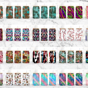May include: A collection of 40 different designs for can coolers. The designs include various patterns, such as animal prints, geometric patterns, and abstract designs. The can coolers are all in a variety of colors, including red, blue, green, yellow, and pink.