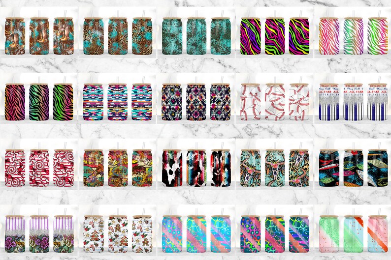 May include: A collection of 40 different designs for can coolers. The designs include various patterns, such as animal prints, geometric patterns, and abstract designs. The can coolers are all in a variety of colors, including red, blue, green, yellow, and pink.