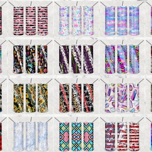 May include: Twenty different designs for sublimation tumblers. The designs include various patterns, such as stripes, hearts, skulls, and tie-dye.