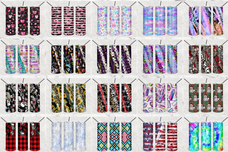 May include: Twenty different designs for sublimation tumblers. The designs include various patterns, such as stripes, hearts, skulls, and tie-dye.