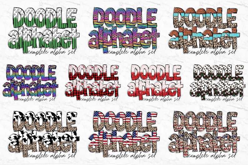 Pu&ograve; includere: Nove diversi design della frase "Doodle Alphabet" in vari motivi colorati, tra cui stampa leopardata, scozzese e strisce. Ogni design include il testo "complete alpha set".