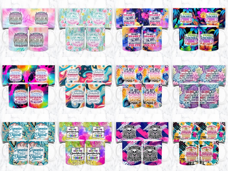 May include: Set of 10 colorful ceramic mugs with various designs and sayings. The mugs feature bright colors, abstract patterns, and bold text. Some of the sayings include "I'm not snarky, I'm just selectively polite", "Remember someone's opinion? Yeah, me neither", and "Expensive, therefore difficult".