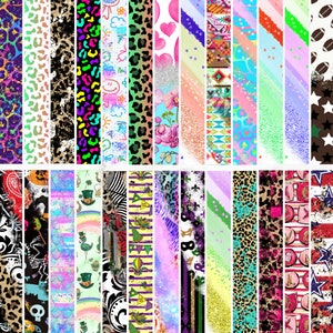 May include: A digital sheet of 30 different colorful patterns, including animal prints, geometric designs, and holiday themes. The patterns are arranged in two rows of 15, and each pattern is a vertical stripe.