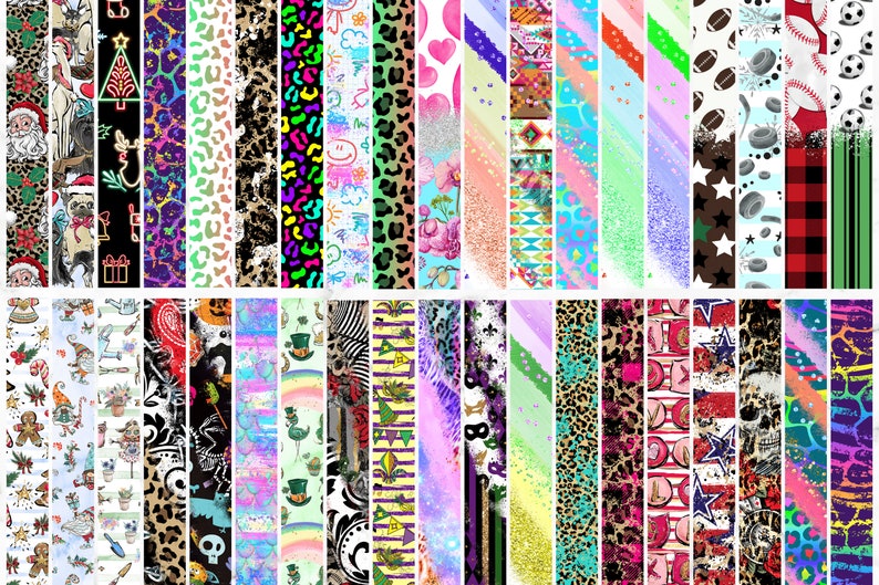 May include: A digital sheet of 30 different colorful patterns, including animal prints, geometric designs, and holiday themes. The patterns are arranged in two rows of 15, and each pattern is a vertical stripe.