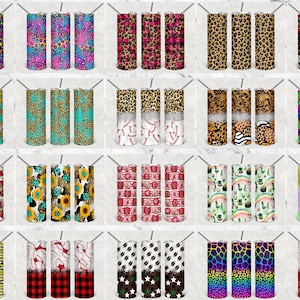 May include: Twenty different designs of sublimation tumblers. The tumblers are stainless steel and have a variety of patterns, including animal prints, floral designs, and geometric shapes. The tumblers are all 20 ounces.