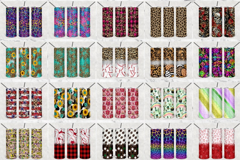May include: Twenty different designs of sublimation tumblers. The tumblers are stainless steel and have a variety of patterns, including animal prints, floral designs, and geometric shapes. The tumblers are all 20 ounces.
