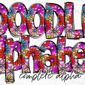 Floral Doodle Alfabet PNG, Alfabetletters PNG Bundel, Handgetekende Doodles, Sublimatie Alpha Set Designs PNG, Sublimatie Alfabet
