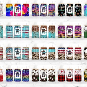 May include: Twenty-four different designs of sublimation tumblers with a variety of patterns and colors. Each tumbler features a cartoon image of a dog wearing sunglasses.