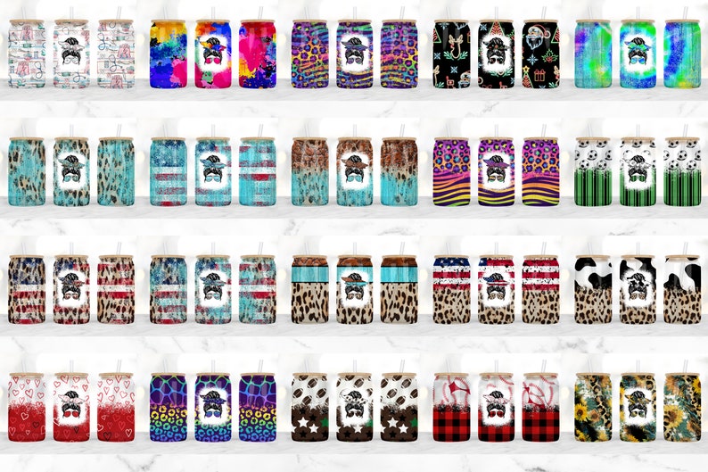May include: Twenty-four different designs of sublimation tumblers with a variety of patterns and colors. Each tumbler features a cartoon image of a dog wearing sunglasses.