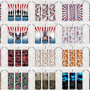 May include: Set of 20 sublimation designs for tumblers featuring various patterns and themes, including patriotic, animal, and abstract designs. The designs are in various colors, including red, white, blue, black, and pink.