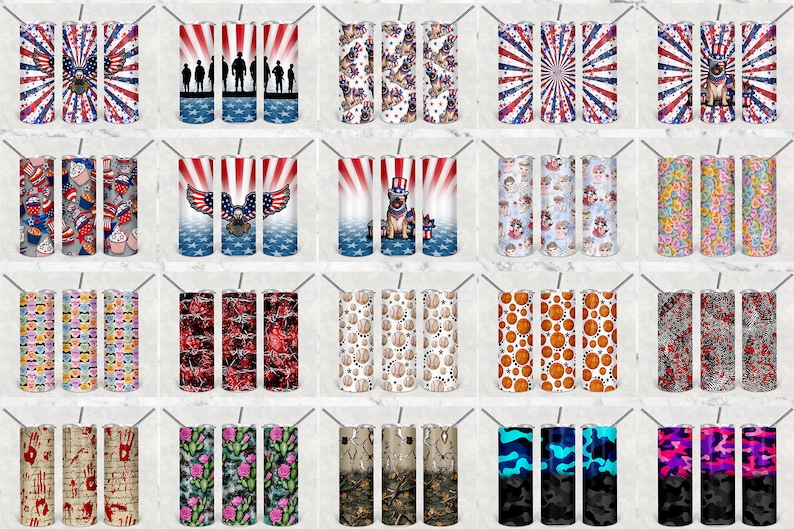 May include: Set of 20 sublimation designs for tumblers featuring various patterns and themes, including patriotic, animal, and abstract designs. The designs are in various colors, including red, white, blue, black, and pink.