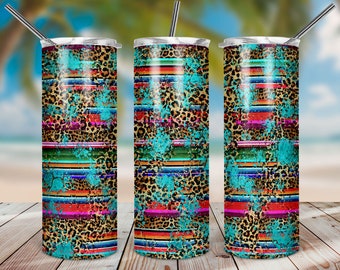 Leopard Print Serape Tumbler Sublimation Design, 20oz Turquoise cowhide Skinny Tumbler Wraps Template PNG, 20oz Straight Tumbler