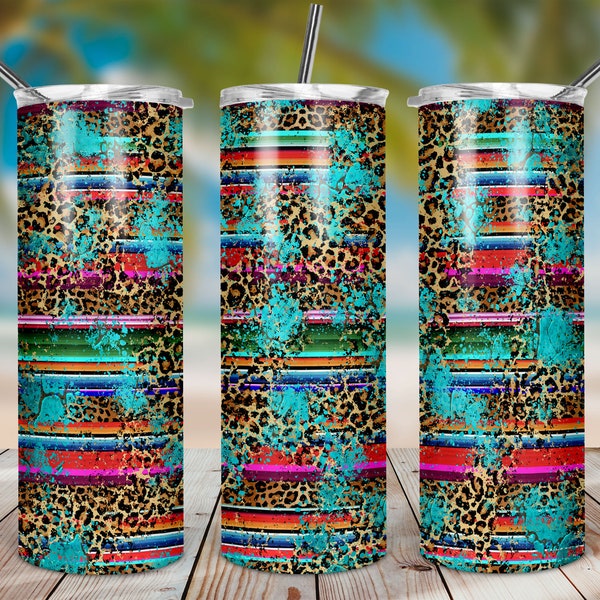 Leopard Print Serape Tumbler Sublimation Design, 20oz Turquoise cowhide Skinny Tumbler Wraps Template PNG, 20oz Straight Tumbler