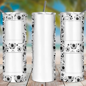 Fútbol sin costuras Agregue su propio texto Diseño de vaso de sublimación de balón de fútbol, plantilla de envolturas de vaso flaco de 20 oz PNG, vaso recto de 20 oz