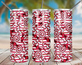 Seamless Christmas Tumbler Sublimation Design, Peppermint Candy 20oz Skinny Tumbler Wraps Template PNG, 20oz Straight Tumbler