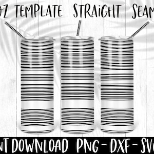 May include: Three 20oz stainless steel tumblers with a black and white striped design. The tumblers are on a white wood background.  20oz Template Straight Seamless Instant Download PNG - DXF - SVG - EPS