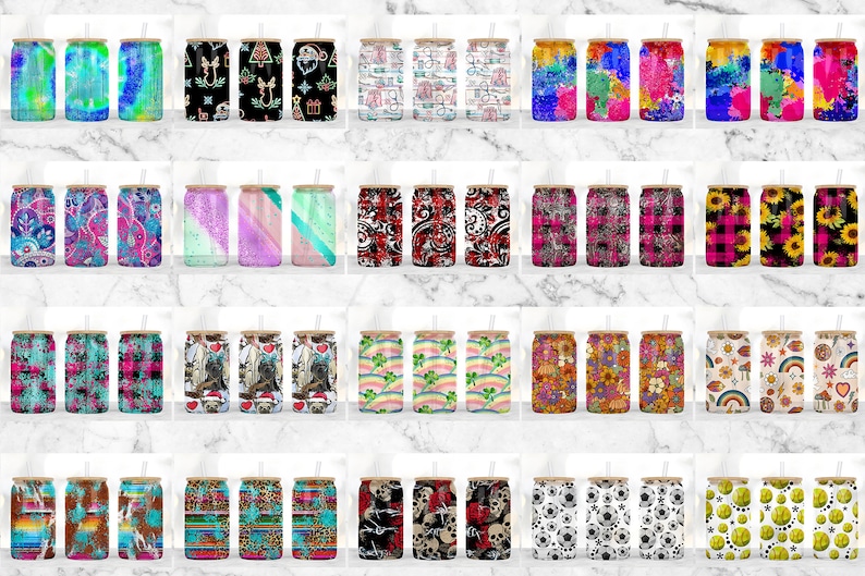 May include: A set of 30 colorful, patterned, stainless steel tumblers with lids and straws. The tumblers feature a variety of designs, including floral, geometric, and abstract patterns.